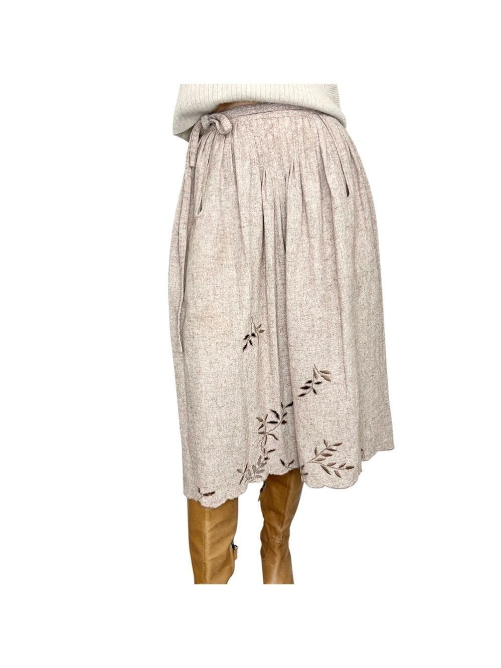 Vintage pinky taupe brown embroidered cut out full midi skirt